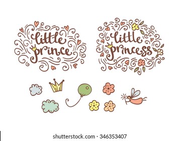 Little Prince And Princess Logo Elements And Stickers In Vector