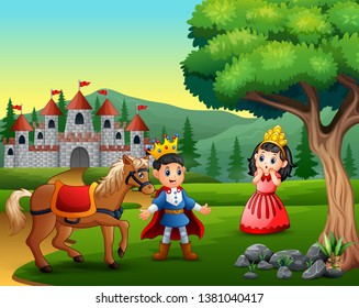 Little prince and princess on the road to the castle