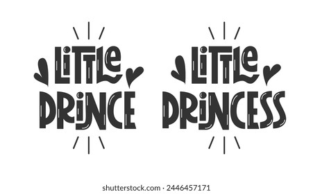 Kleiner Prinz und kleine Prinzessin Sätze. Nette handgeschriebene Zitate. In: Gender Reveal Party Typographic Design-Elemente. 