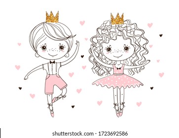 Little prince and princess in pointe shoes are dancing ballet. A boy and a girl are engaged in dancing. Cute doodle illustration, linear hand drawing. Vector isolated on white background