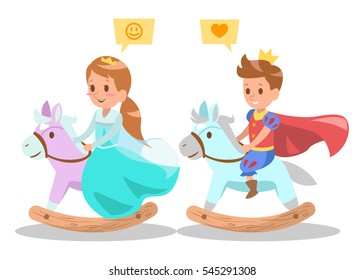 little prince and princess riding on wooden rocking horse