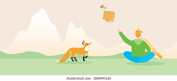 Little prince with rose and fox, copy space template. Flat vector stock illustration. The character of the book The Little Prince. Love in the distance. Illustration with place for text