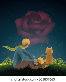 Der kleine Prinz, die Rose und der Fuchs. Vektorgrafik