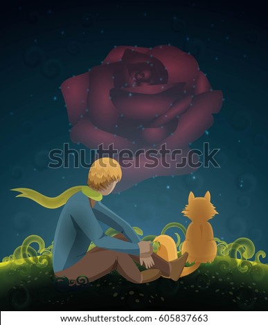 The Little prince, the rose and the fox. Vector illustration