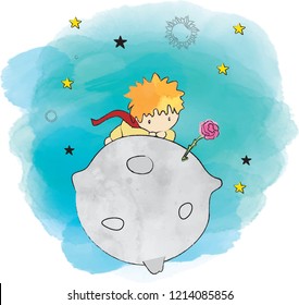 The Little Prince and the Rose on a planet in beautiful night sky. Raster illustration. Hand-drawn art.