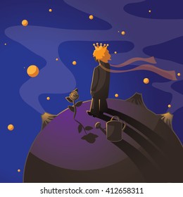 Little Prince With A Rose Standing On An Asteroid. EPS 10 Vector.