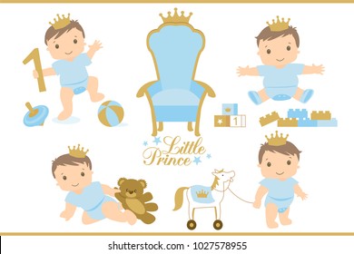 Little prince. Royal vector throne icon. Set of cute illustration for birthday invitation or baby shower. Toddler's first step. Sitting, playing, crawling and walking baby cartoon. Blue and gold. Toys