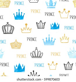 Principito sin fisuras en colores azules y dorados. Fondo vectorial con acuarela y coronas brillantes