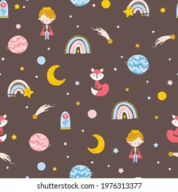 Little prince seamless pattern. Boy with Fox, rose, planets and stars. Vector illustration in simple hand-drawn cartoon style. The pastel palette is ideal for printing baby clothes, textiles