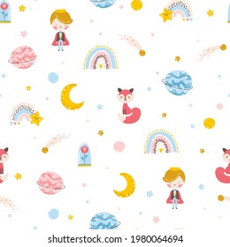 Little prince seamless pattern. Boy with Fox, rose, planets and stars. Vector illustration in simple hand-drawn cartoon style. The pastel palette is ideal for printing baby clothes, textiles