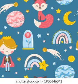 Little prince seamless pattern. Boy with Fox, rose, planets and stars. Vector illustration in simple hand-drawn cartoon style. The pastel palette is ideal for printing baby clothes, textiles