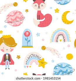 Little prince seamless pattern. Boy with Fox, rose, planets and stars. Vector illustration in simple hand-drawn cartoon style. The pastel palette is ideal for printing baby clothes, textiles