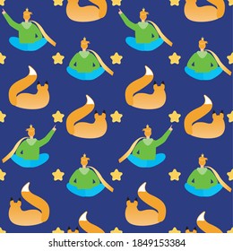 Little prince seamless pattern. Flat vector stock illustration. Little prince, stars in the sky, foxes. Illustration as endless pattern, geometric seamless pattern, baby wallpaper, background