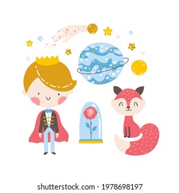 Little prince set with fox, rose and planets. Vector isolate on a white background in a simple hand-drawn cartoon style. The pastel palette is ideal for printing baby clothes