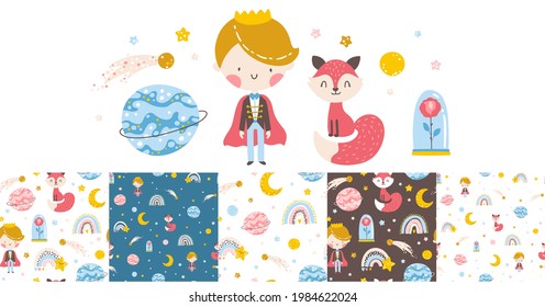 Little prince set with seamless pattern. Fox, rose, planets and stars. Vector illustration in simple hand-drawn cartoon style. The pastel palette is ideal for printing baby clothes