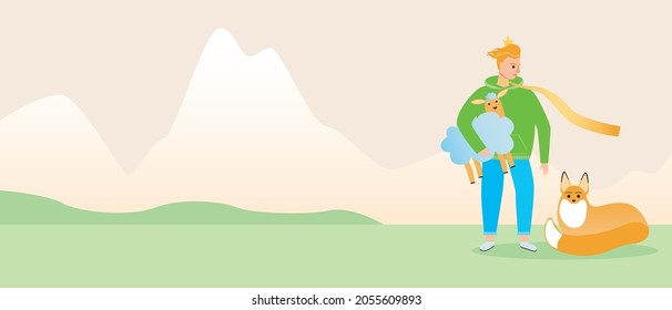 Little prince with sheep and fox, copy space template. Flat vector stock illustration with place for text. Friendship concept. Template for overlay. Illustration for the book The Little Prince