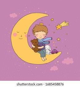 The little prince is sitting on the moon. Cute cartoon kid with toys. A boy with a teddy bear and a bunny. Time to sleep.