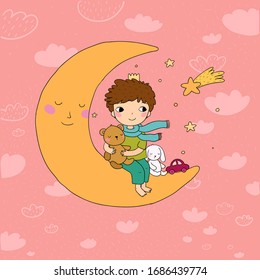 The little prince is sitting on the moon. Cute cartoon kid with toys. A boy with a teddy bear and a bunny. Time to sleep.