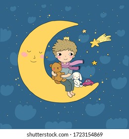 The little prince is sitting on the moon. Cute cartoon kid with toys. A boy with a teddy bear and a bunny. Time to sleep.