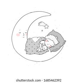 The little prince is sleeping on the moon. Cute cartoon boy in bed
