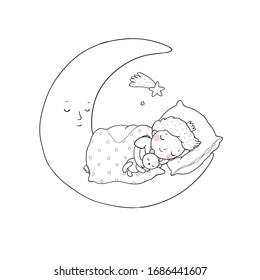 The Little Prince Is Sleeping On The Moon. Cute Cartoon Boy In Bed. Time To Sleep. Good Night. Coloring Book