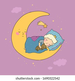 The little prince is sleeping on the moon. Cute cartoon boy in bed. Time to sleep. Good night