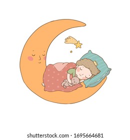 The little prince is sleeping on the moon. Cute cartoon boy in bed. Time to sleep. Good night