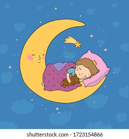 The little prince is sleeping on the moon. Cute cartoon boy in bed. Time to sleep. Good night