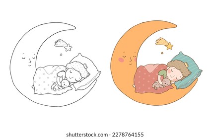 The little prince is sleeping the moon  Cute cartoon boy in bed  Time to sleep  Good night   Illustration for coloring books  Monochrome   colored versions 