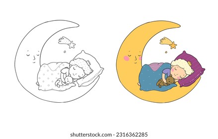 Der kleine Prinz schläft auf dem Mond. Cute Cartoon Junge im Bett. Zeit zu schlafen. Gute Nacht!  Illustration zum Färben von Büchern. Einfarbige und farbige Versionen. Vektorgrafik