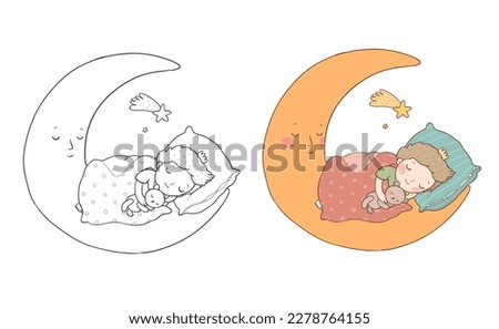 The little prince is sleeping on the moon. Cute cartoon boy in bed. Time to sleep. Good night.  Illustration for coloring books. Monochrome and colored versions.