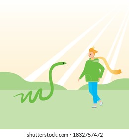 The little prince and the snake. Illustration for the book. Modern teenager, boy little prince. Colored flat vector stock illustration with book character, crown, snake