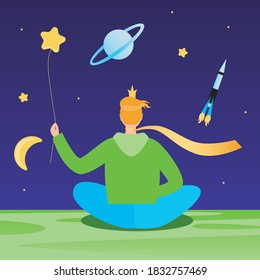 The little prince and the star like a balloon. Illustration for the book the little prince. Modern little prince and the night sky, stars, planet, rocket. Flat vector stock illustration