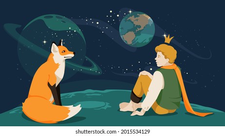 little prince talking with his friend fox on the planet amoung night star sky. Fairy famous tale.