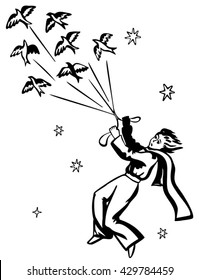The Little Prince is traveling with the birds on the starry sky. Drawing ink. Vector, Isolate.