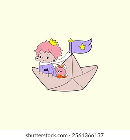 The little prince travels on a boat with his other little fox, cartoon. Icon, symbol, detail.