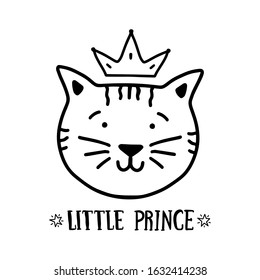 little prince. Vector hand drawn  cat's face. Cute character. Cartoon  doodle illustration. Print for clothes