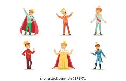 Little Princes Set, Cute Boys in Golden Crowns Dressed Elegant Fairytale Costumes Cartoon Vector Illustration