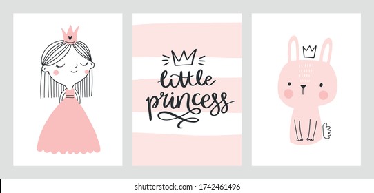 Little princess baby cards, nursery posters, baby shower invitations. Cute princess, bunny, hand drawn lettering. Scandinavian vector illustration for prints, cards, apparel.

