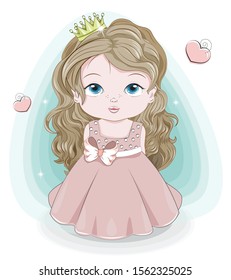 little princess baby girl In crown. tiara. pink ball dress decorated with bow. Picture in hand drawing style for baby shower. Greeting card, party invitation, fashion clothes t-shirt print