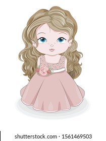little princess baby girl In pink ball dress decorated with flowers. Picture in hand drawing style for baby shower. Greeting card, party invitation, fashion clothes t-shirt print