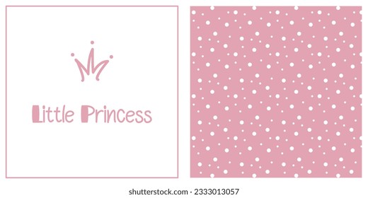 Montaje de fondo de princesa pequeña. Corona de garabato y letras. Patrón sin fisuras del punto de la polka blanca. Arte infantil simple para el bebé. Ilustración vectorial.