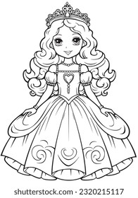 Little princess with beautiful dress, outline for coloring book page, isolated. Princess line art.