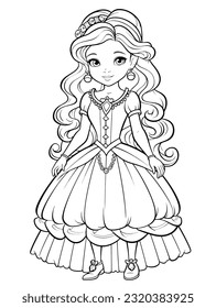 Little princess with beautiful dress, outline for coloring book page art.