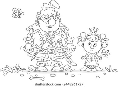Little princess in a beautiful royal dress and a small royal gold crown talking to an angry cruel ogre on a summer lawn with a fluttering butterfly, black and white vector cartoon illustration svg