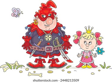 Little princess in a beautiful royal pink dress and a small royal gold crown talking to an angry cruel ogre on a summer lawn with a fluttering butterfly, vector cartoon illustration on white svg