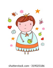 Little princess in a blue dress with an apple in his hand.