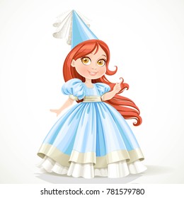 Little princess in a blue dress with long brunette hair isolated on a white background