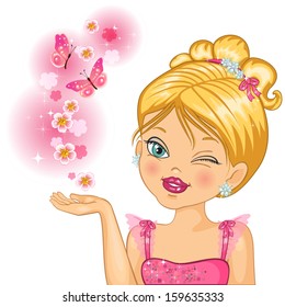 Little princess with butterflies and floral decorations-transparency blending effects and gradient mesh-EPS10