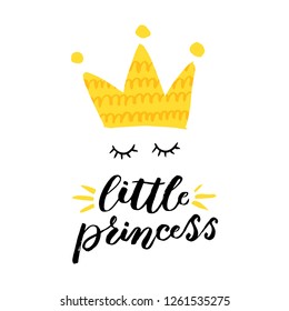 "Little Princess" card template. Handdrawn design with cute crown. Sketched lettering typography.  Handwritten art. Ready-to-print design template. Clothes badge, banner, tag. Vector illustration.